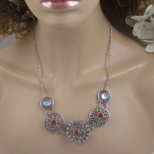 Pink & Green Crystal Flower Multi Charm Necklace - VP's Jewelry