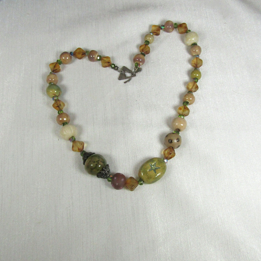 Green and Beige Handmade Artisan Bead Necklace Whimsical