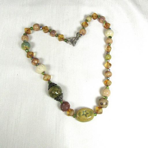Green and Beige Handmade Artisan Bead Necklace Whimsical