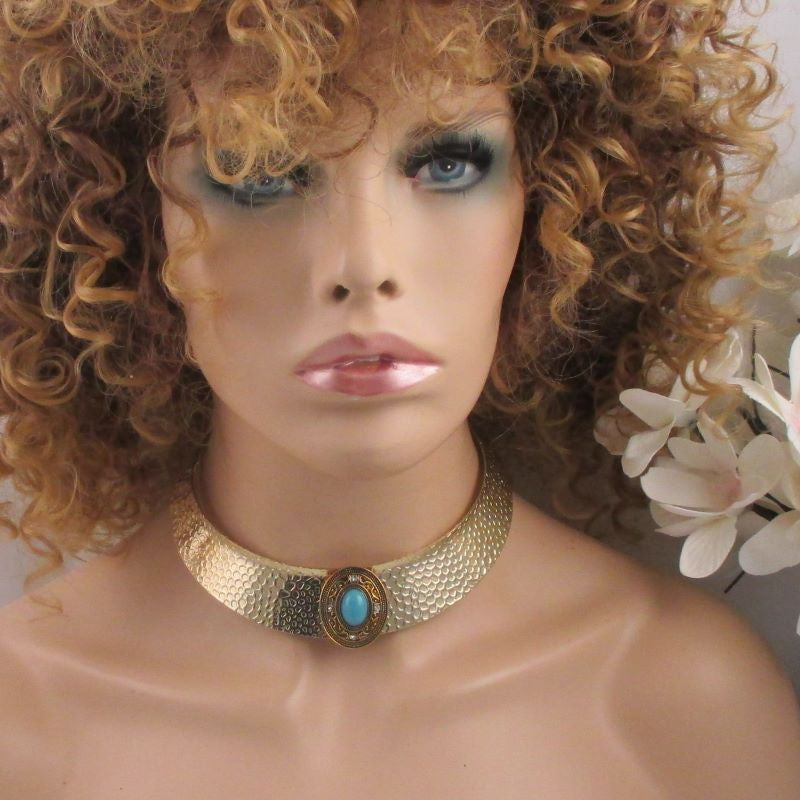 Gold Collar Necklace with Turquoise & Antique Gold Focus - VP's Jewelry