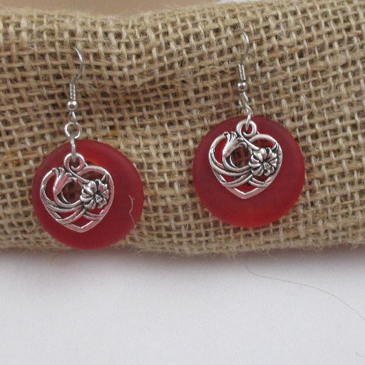 Red Sea Glass  Earrings with Heart Charm