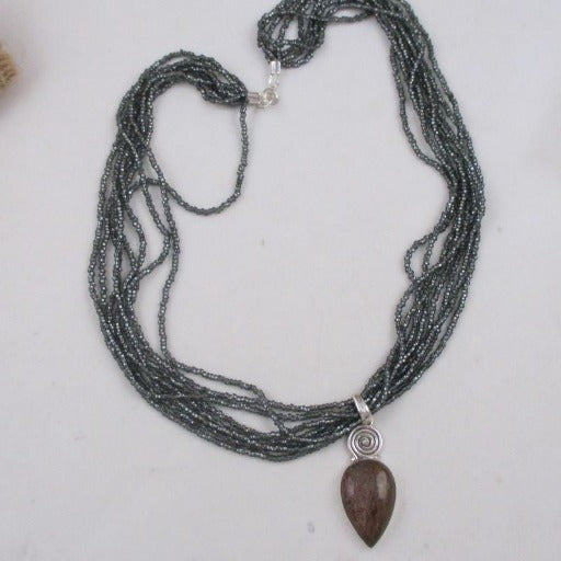Black Grey Multi-strand Seed Bead Necklace with Gemstone Pendant - VP's Jewelry