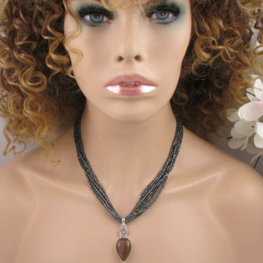 Black Grey Multi-strand Seed Bead Necklace with Gemstone Pendant - VP's Jewelry