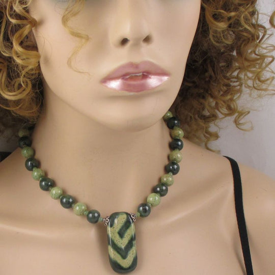Kazuri Pendant Necklace in Dark Green & Light Green African Beads - VP's Jewelry
