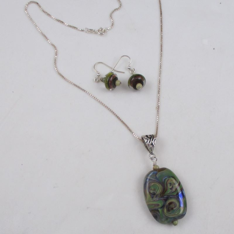 Handmade Green Artisan Bead Pendant Necklace & Earrings - VP's Jewelry