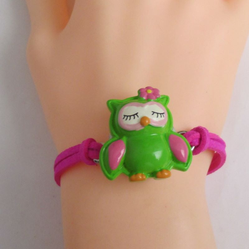 Pink Suede Bracelet with Green Owl Focus - VP's Jewelry