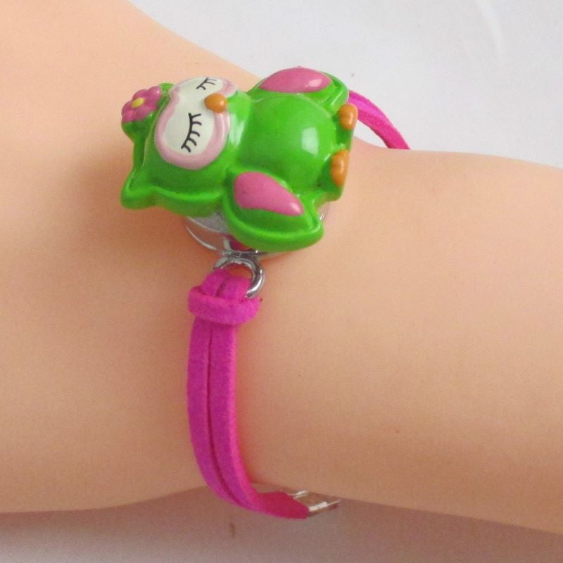 Pink Suede Bracelet with Green Owl Focus - VP's Jewelry
