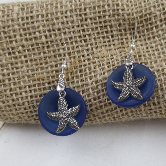 Dark Blue Sea Glass  Earrings with Starfish Charm