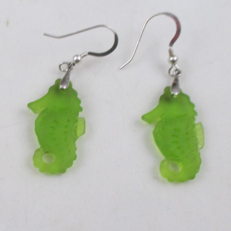 Lime Green Sea Glass Sea Horse Earrings