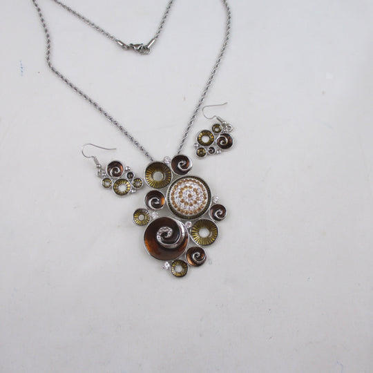 Brown & Gold Ring Pendant Necklace & Earrings - VP's Jewelry
