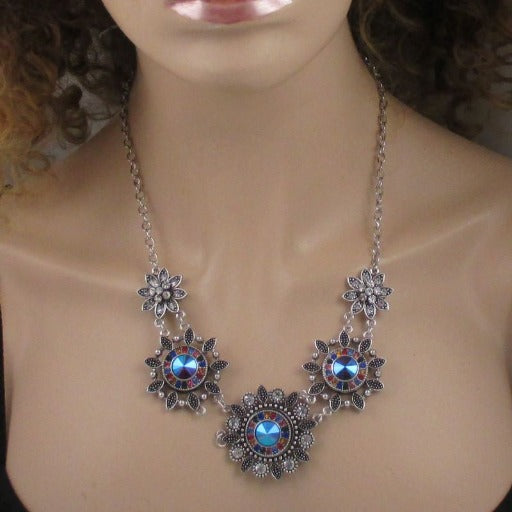 Red & Blue Crystal Flower Multi Charm Necklace
