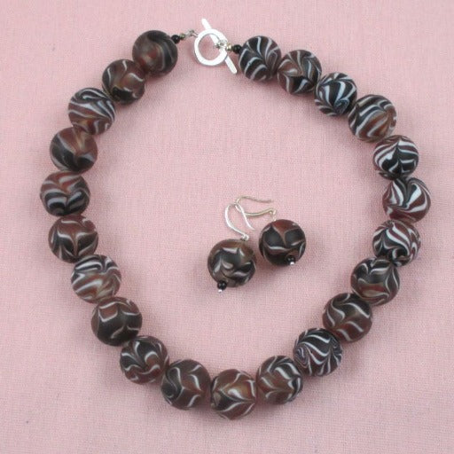 Black & White with Brown Swirl Handmade Glass Bead Necklace & Earrings - VP's Jewelry  