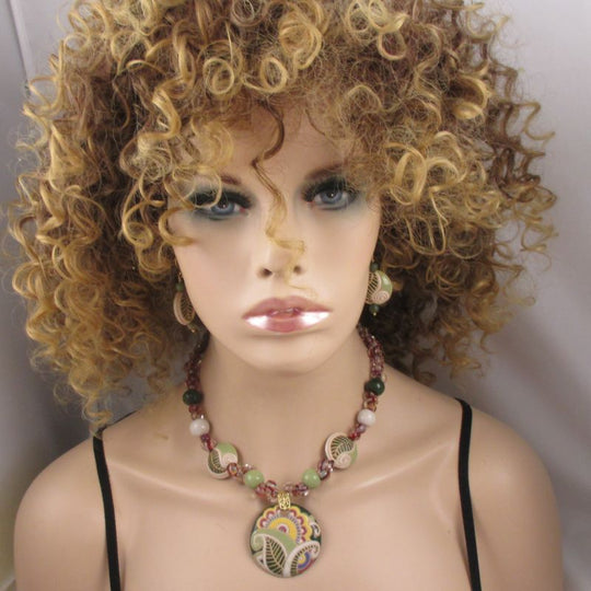 Handmade Green & Beige Artisan Bead Necklace & Earrings - VP's Jewelry
