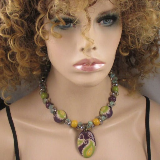 Handmade Green & Purple Artisan Bead Necklace & Earrings - VP's Jewelry