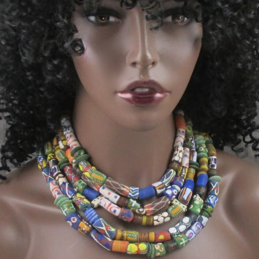 African Fair Trade Bead Statement Handmade Necklace Five Strand - VP's Jewelry
