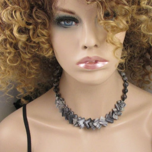 Black & White Zebra Jasper  Overlaying Beaded Necklace & Earrings - VP's Jewelry