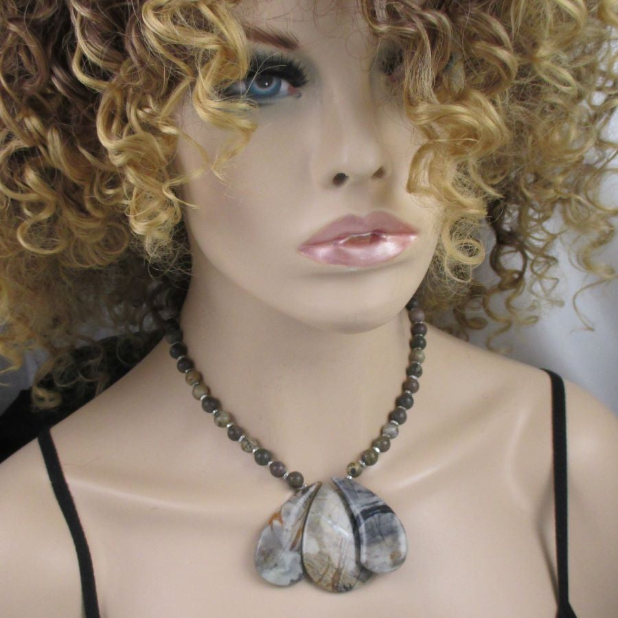 Designer Jasper Gemstone Grey Brown Bib Necklace - VP's Jewelry