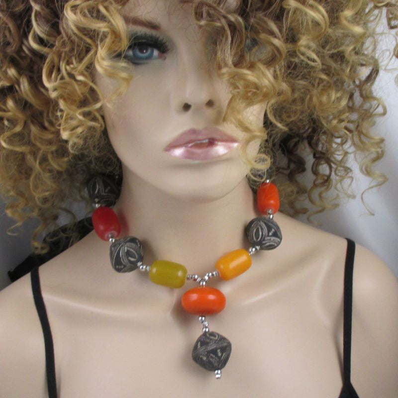 Multi-colored African Trade Beaded Big Bold Statement Necklace - VP's Jewelry  
