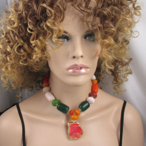 African Trade Bead Statement Necklace with Stone Pendant - VP's Jewelry  
