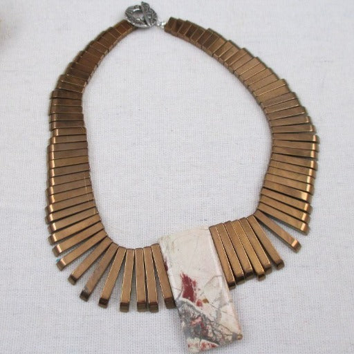 Bronze Collar Necklace with Gemstone Pendant Bold Statement - VP's Jewelry  