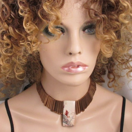 Bronze Collar Necklace with Gemstone Pendant Bold Statement - VP's Jewelry  