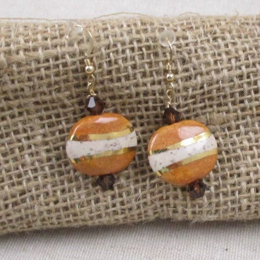 Drop Earrings in Handmade Honey Cream and Gold Kazuri Beads - VP's Jewelry  