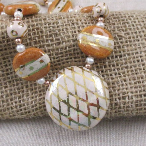 Cream Honey & Gold Pendant Necklace Kazuri Fair Trade Bead - VP's Jewelry