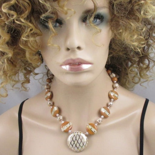 Cream Honey & Gold Pendant Necklace Kazuri Fair Trade Bead - VP's Jewelry