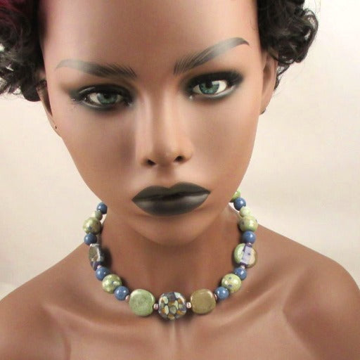 Handmade Blue & Green Kazuri Necklace - VP's Jewelry