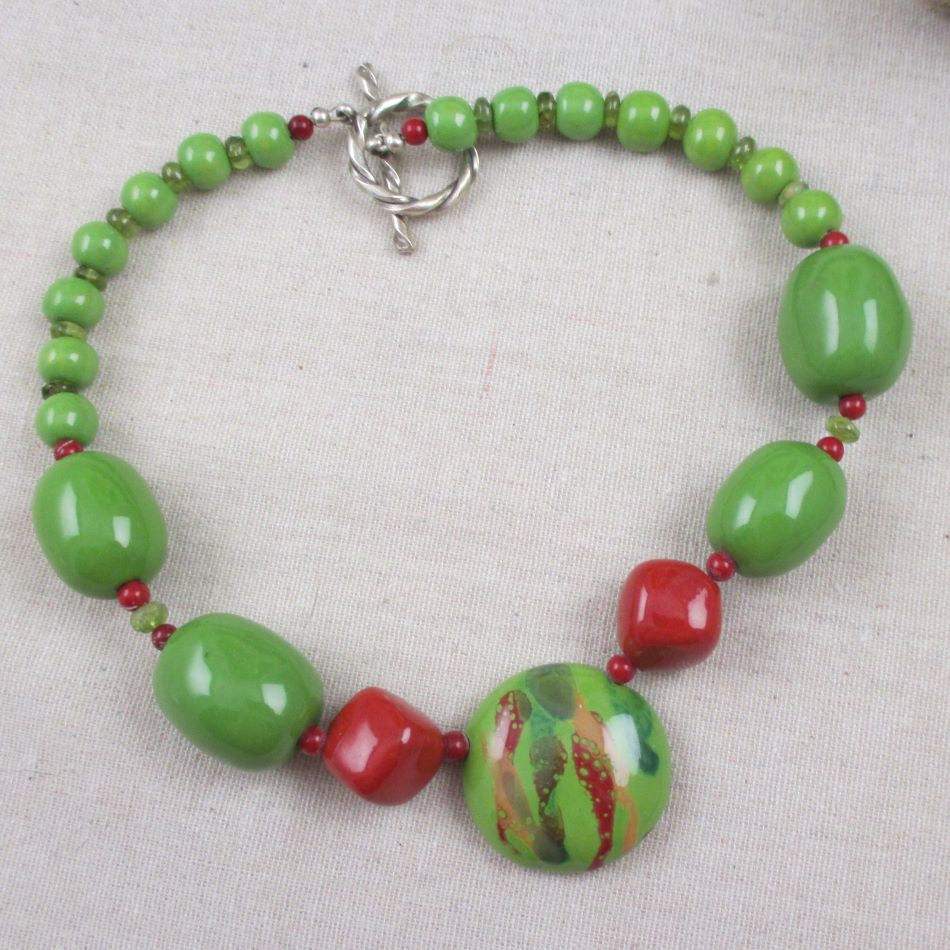 Apple Green Beaded Necklace Big Bold Fair Trade Kazuri Handmade Beads