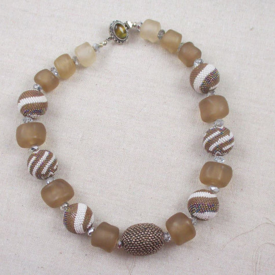 Chunky Beige and White Beaded Bead Designer Necklace - VP's Jewelry