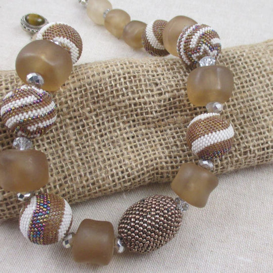 Chunky Beige and White Beaded Bead Designer Necklace - VP's Jewelry