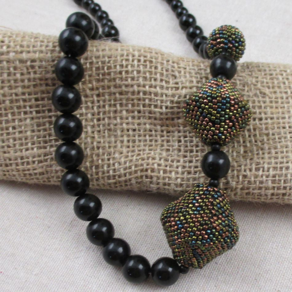 Designer Black Beaded Necklace in Onyx and Black Beaded Beads - VP's Jewelry