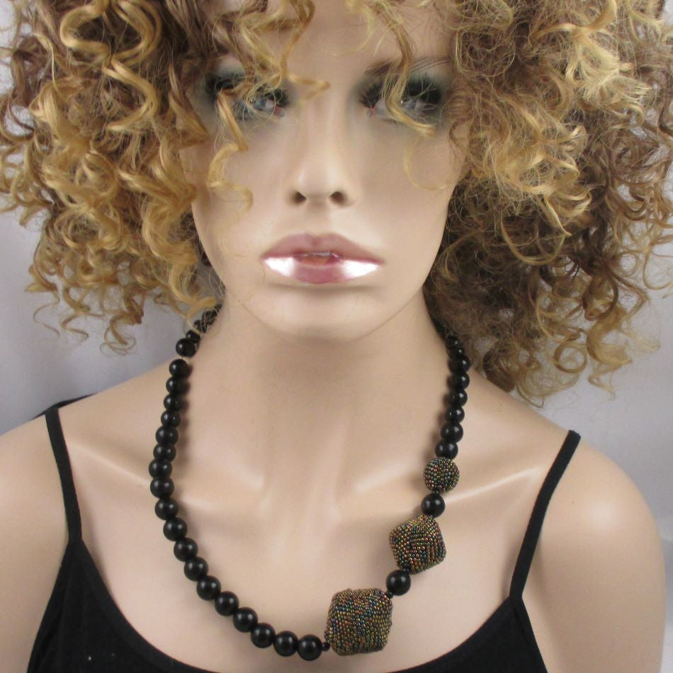 Designer Black Beaded Necklace in Onyx and Black Beaded Beads - VP's Jewelry