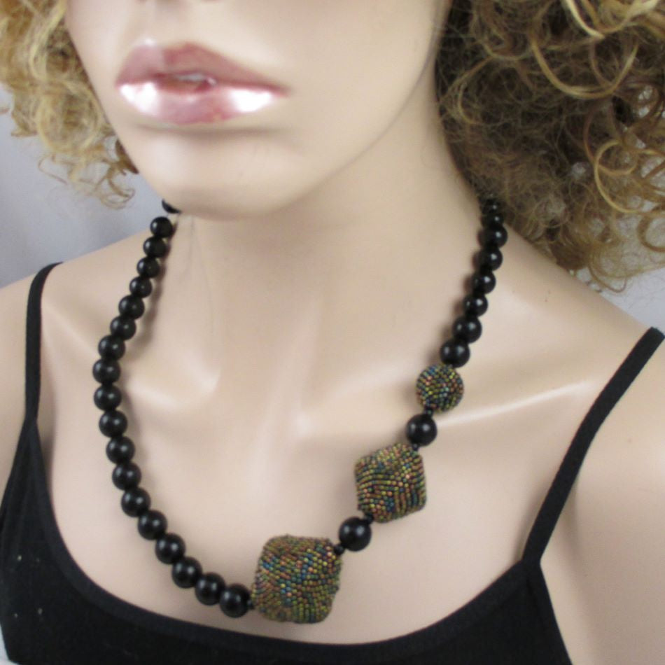 Designer Black Beaded Necklace in Onyx and Black Beaded Beads - VP's Jewelry