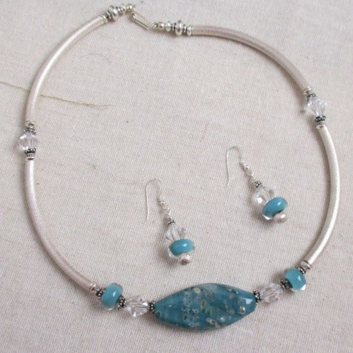 Aqua Handmade Artisan Bead Necklace & Earring Set - VP's Jewelry 