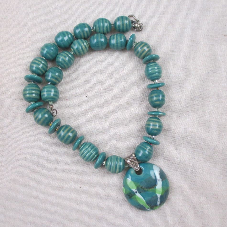 Fair Trade Kazuri Peacock Handmade Beaded Necklace with Pendant - VP's Jewelry