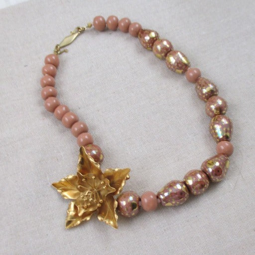 Kazuri Necklace in Rainbow Melon with Gold Flower