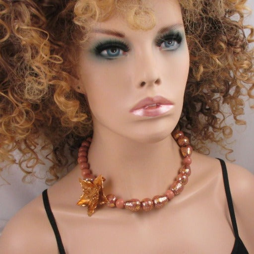 Kazuri Necklace in Rainbow Melon with Gold Flower