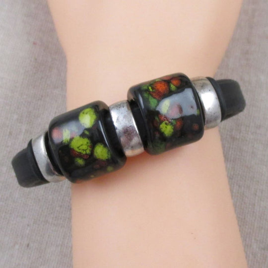 Black Leather Bracelet Red Black Handmade Ceramic Accents - VP's Jewelry 