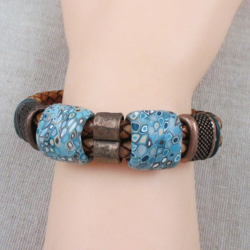 Light Brown Leather Braided Bracelet SFair Trade Bead Accents - VP's Jewelry