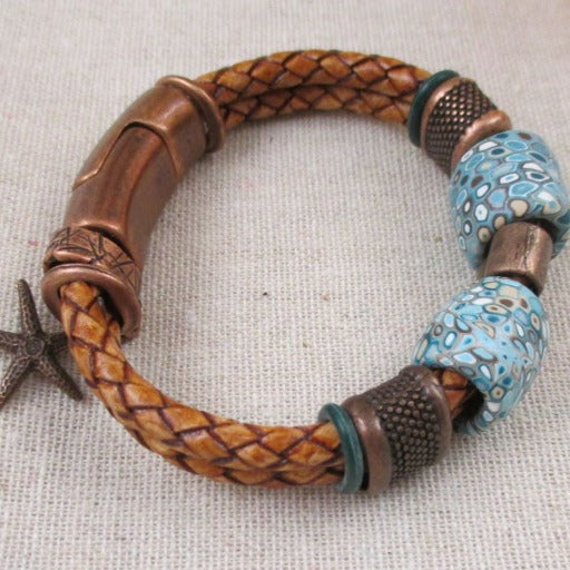 Light Brown Leather Braided Bracelet SFair Trade Bead Accents - VP's Jewelry