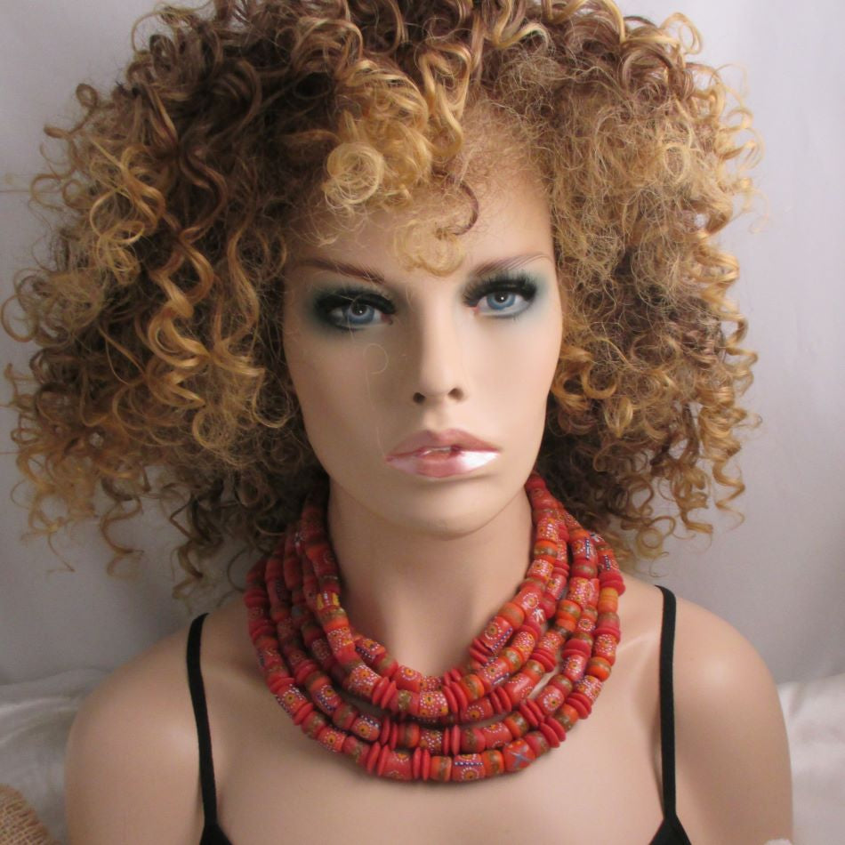 Handmade Statement Red Necklace Five Strand African Trade Beads - VP's Jewelry