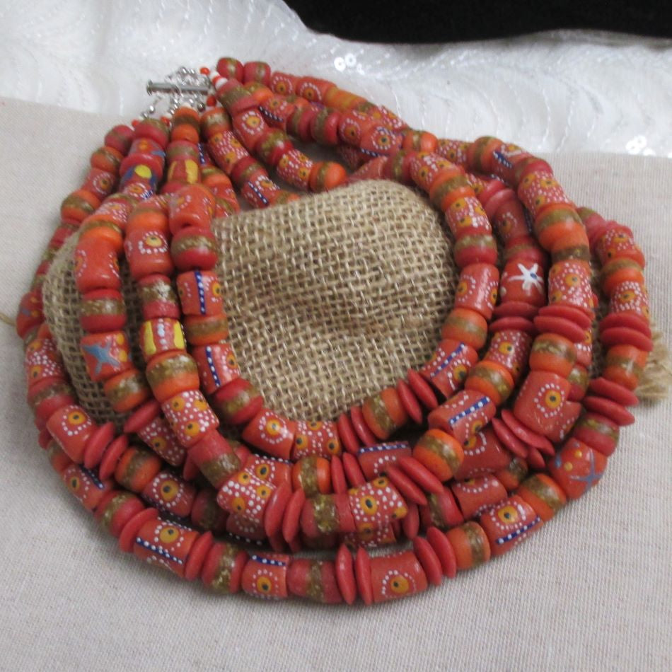 Handmade Statement Red Necklace Five Strand African Trade Beads