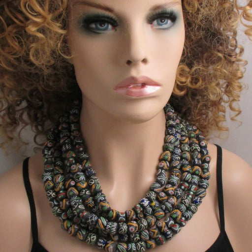 Handmade African Trade Beads Black Statement Necklace Five Strand - VP's Jewelry