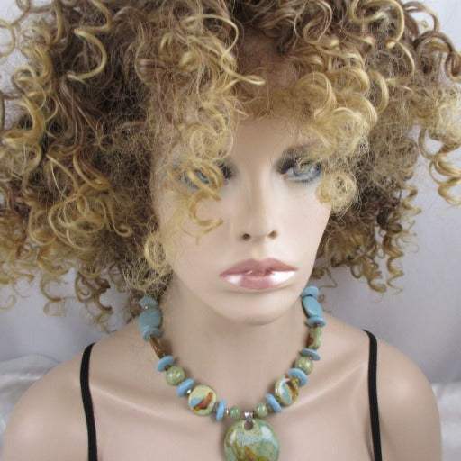 Handmade Green Fair Trade Kazuri Necklace Turquoise & Green Beads - VP's Jewelry