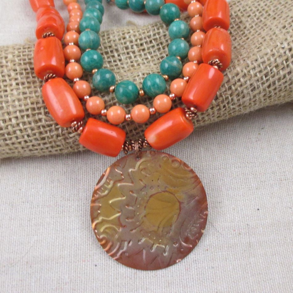 Amazonite Statement Multi Strand Necklace with Big Copper Pendant - VP's Jewelry