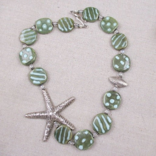 Green Kazuri and Silver Starfish Necklace Fair Trade