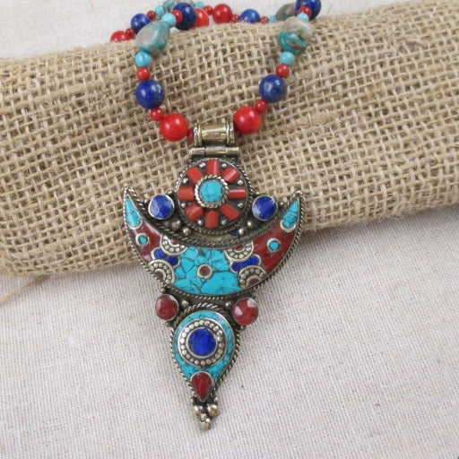Large Boho Tibetan Turquoise Inlay Pendant Necklace - VP's Jewelry 