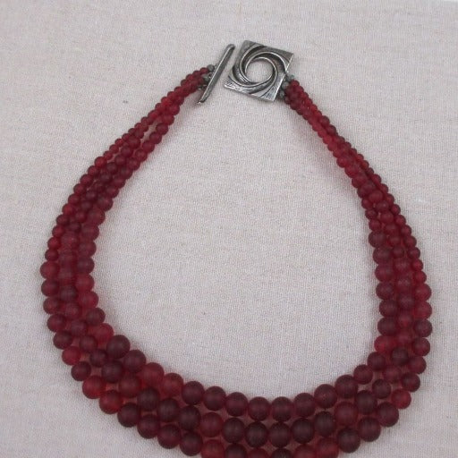 Classic Ruby Red Sea Glass Triple Strand Beaded Necklace